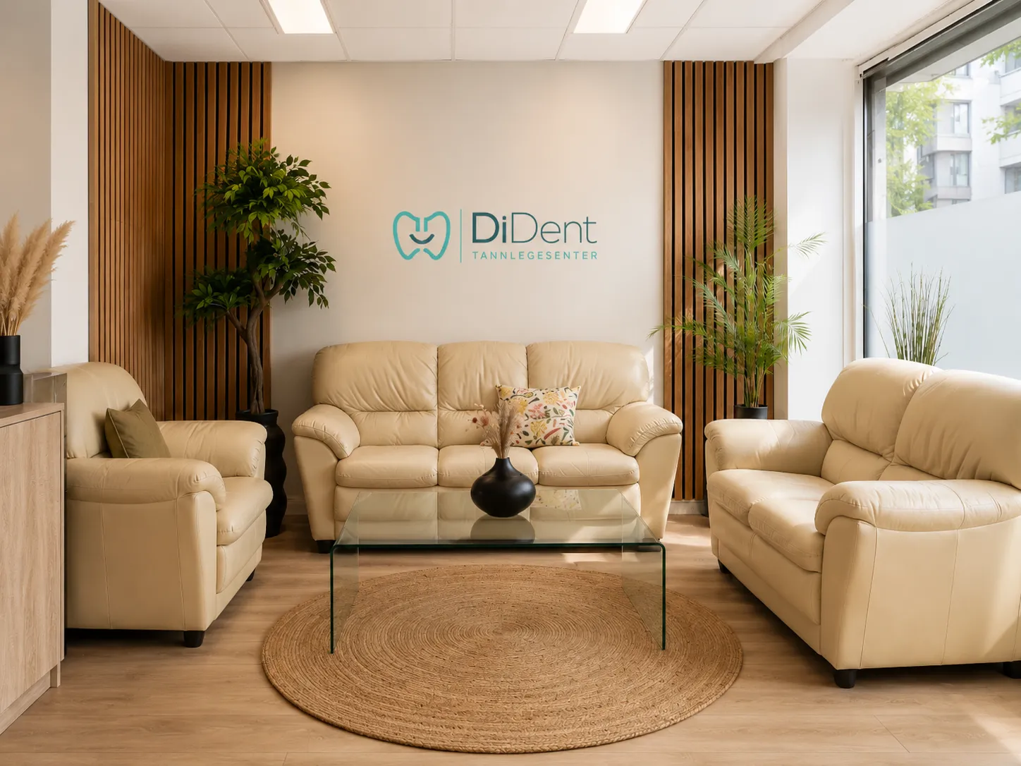 En lys og lun ventesone hos DiDent, med grønne planter og klinikkens logo på veggen